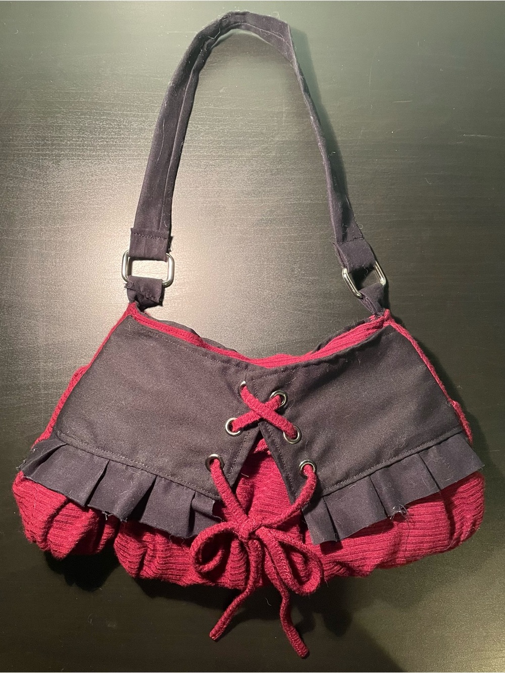 Women's Black and Burgundy Lace-Up Shoulder Bag